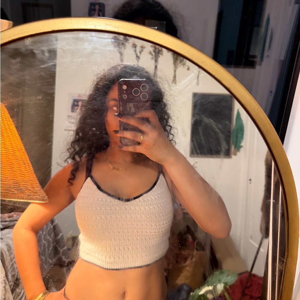 Abercrombie & Fitch Cream Crochet Crop Top with Black Trim